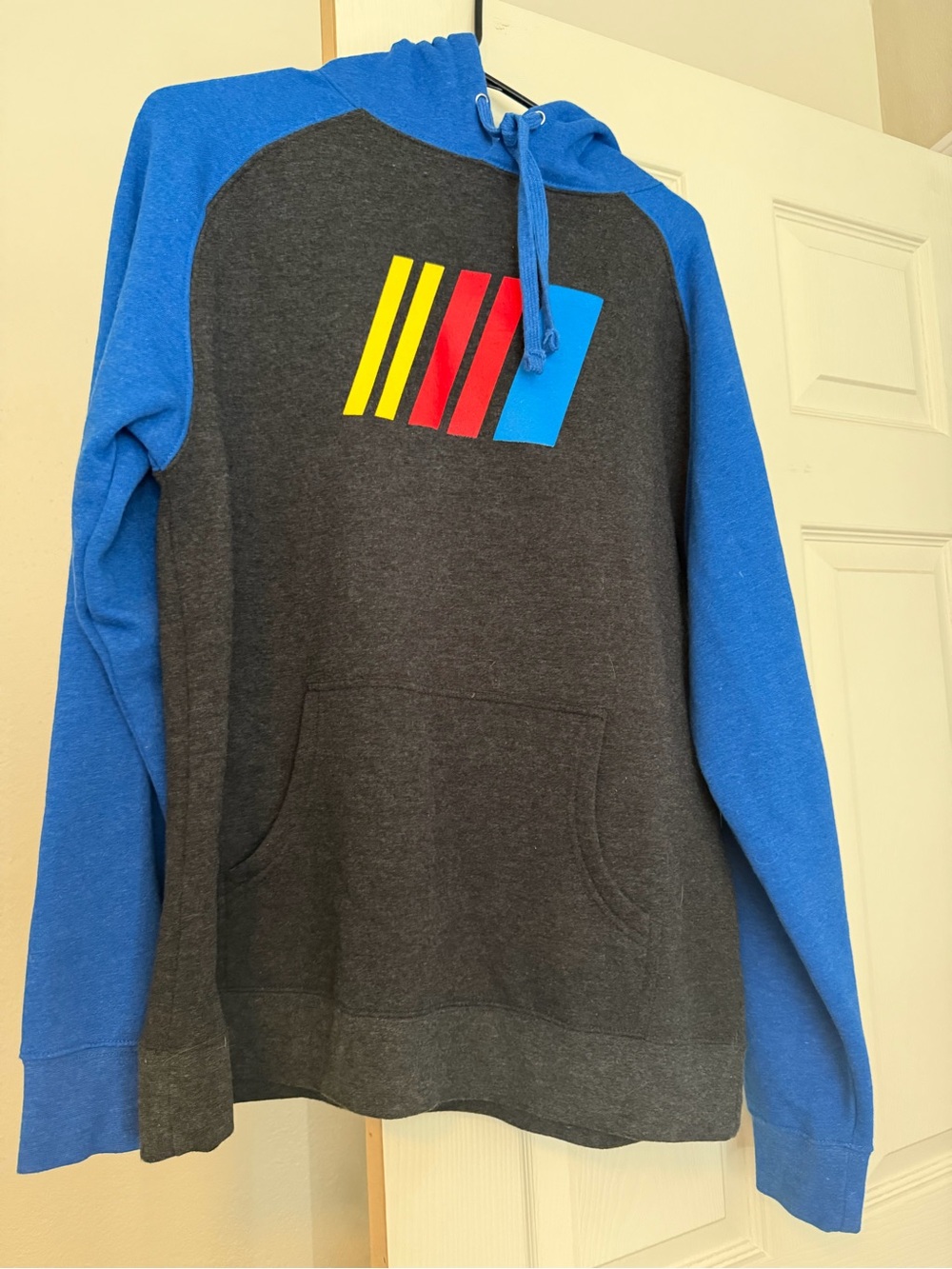 Nascar Charcoal Body Pullover Hoodie with Blue Sleeves and Multicolor Stripe